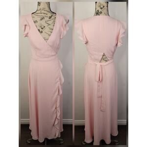 FAME & PARTNERS Gown SZ 0 Blush Ruffle Wrap Flutter Sleeve Maxi Dress Bridemaids